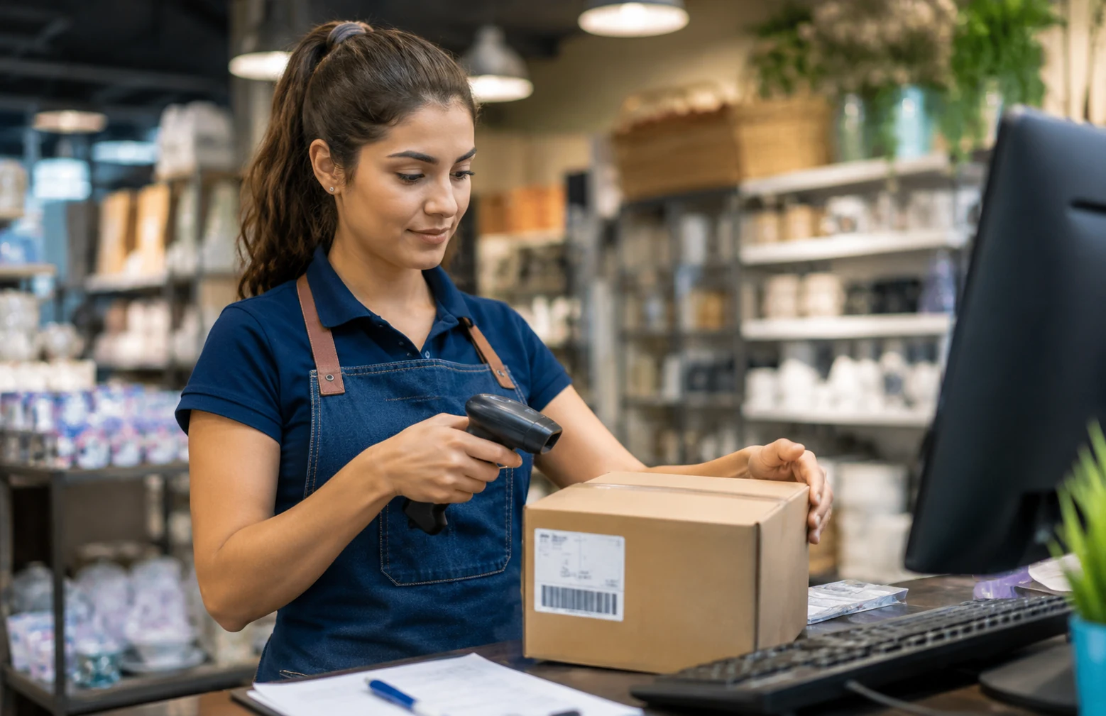 Colaboradora escaneando un paquete en un punto de venta